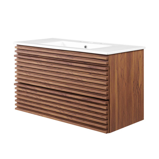 Render 36" Wall-Mount Bathroom Vanity, Wood, Brown Walnut White, 20060
