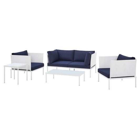 Harmony 5-Piece Sunbrella® Outdoor Patio Aluminum Furniture Set, Aluminum, Metal, Steel, White Blue Navy, 20728