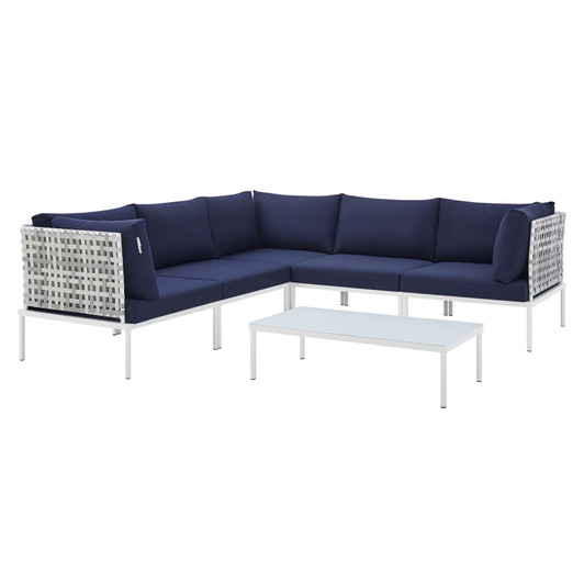 Harmony 6-Piece Sunbrella® Basket Weave Outdoor Patio Aluminum Sectional Sofa Set, Aluminum, Metal, Steel, Blue Navy, 20732
