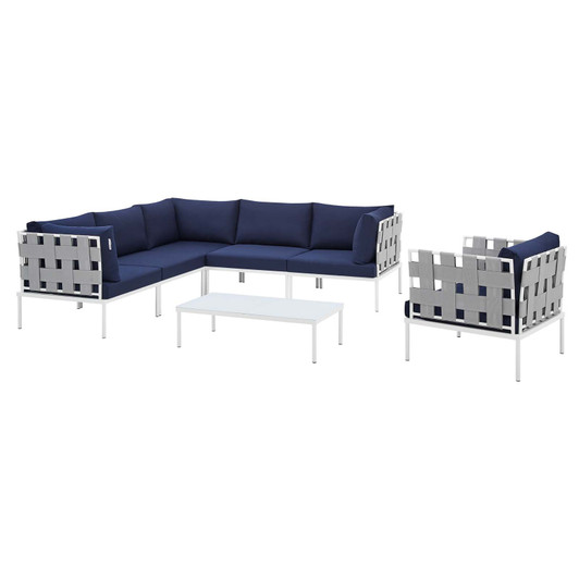 Harmony 7-Piece Sunbrella® Outdoor Patio Aluminum Sectional Sofa Set, Aluminum, Metal, Steel, Grey Gray Blue Navy, 20754