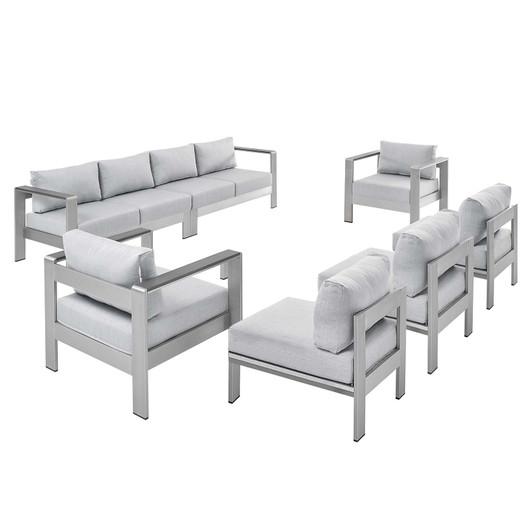 Shore Sunbrella® Fabric Outdoor Patio Aluminum 7 Piece Sectional Sofa Set, Fabric, Aluminum, Metal, Steel, Silver Grey Gray, 21193