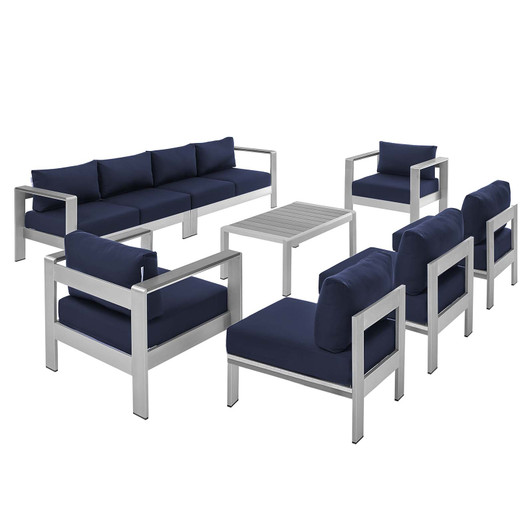 Shore Sunbrella® Fabric Outdoor Patio Aluminum 8 Piece Sectional Sofa Set, Fabric, Aluminum, Metal, Steel, Silver Blue Navy, 21196