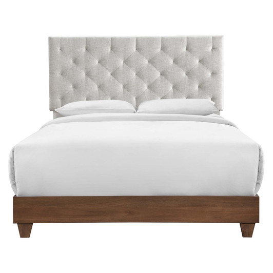 Rhiannon Diamond Tufted Upholstered Fabric Queen Bed, Fabric, Wood, Brown Walnut Beige, 21320