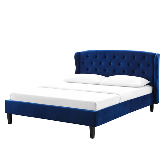 Penelope Tufted Wingback Queen Performance Velvet Platform Bed, Velvet, Blue Navy, 21446