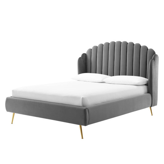 Lana Queen Performance Velvet Wingback Platform Bed, Velvet, Grey Gray, 21800
