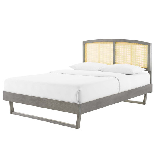 Sierra Cane and Wood Queen Platform Bed With Angular Legs, Wood, Grey Gray, 22219