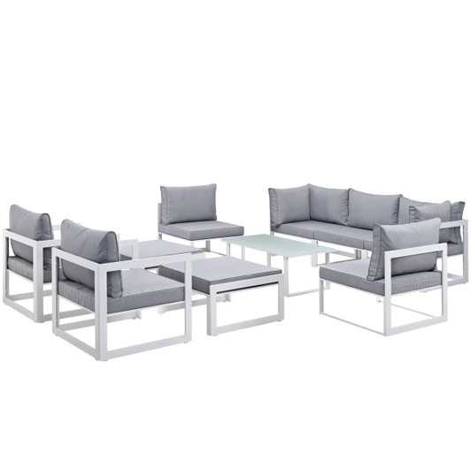Fortuna 10 Piece Outdoor Patio Sectional Sofa Set, White Grey Fabric Steel