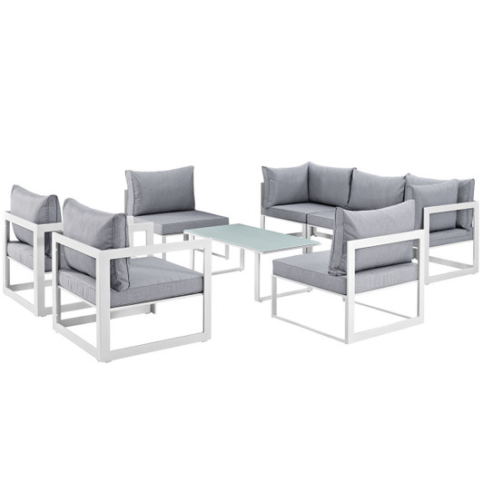 Fortuna 8 Pcs Outdoor Patio Sectional Sofa Set, White Grey Fabric Steel