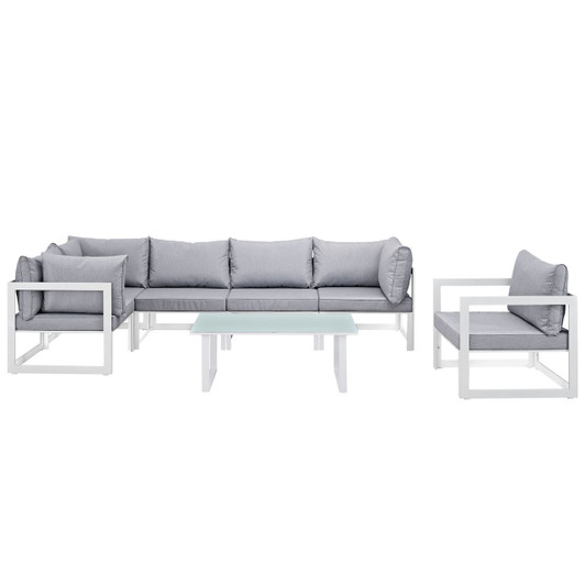 Fortuna 7 Piece Outdoor Patio Sectional Sofa Set, White Grey Fabric Steel