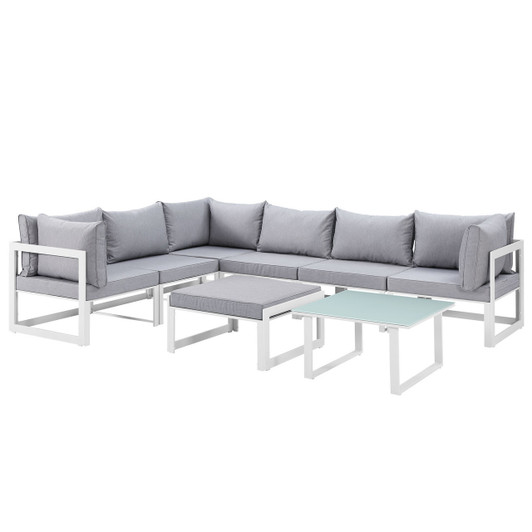 Fortuna 8 Piece Outdoor Patio Sectional Sofa Set, Steel White Grey Fabric