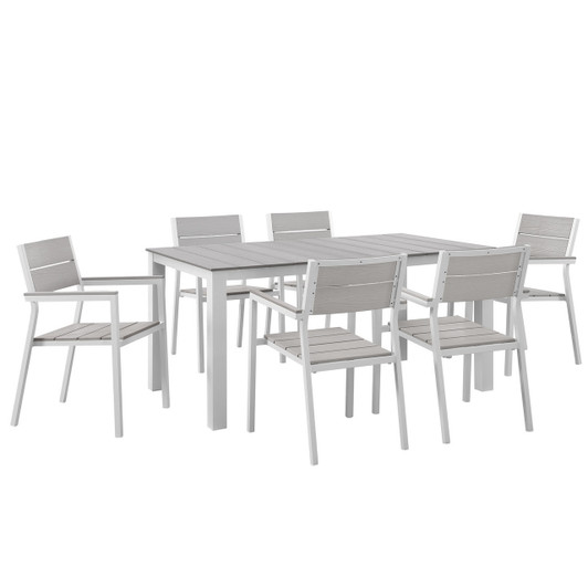 Maine 7 Piece Outdoor Patio Dining Set, White Light Grey Steel