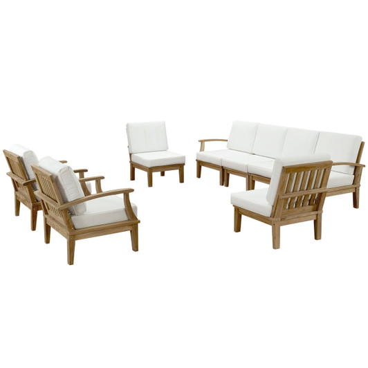 Marina Eight PCS Outdoor Patio Teak Sofa Set, White, Fabric, Wood Marina Eight PCS Outdoor Patio Teak Sofa Set, White, Fabric, Wood