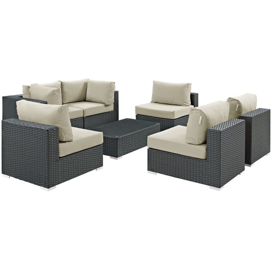 Sojourn Seven PCS Outdoor Patio Sunbrella Sectional Set, Beige , Rattan 9810