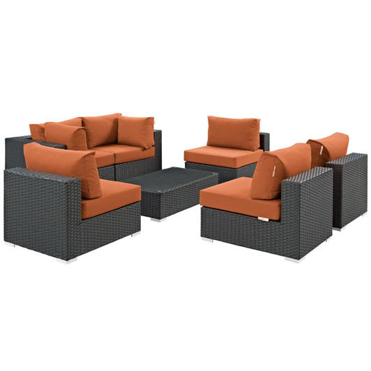 Sojourn Seven PCS Outdoor Patio Sunbrella Sectional Set, Orange , Rattan 9812