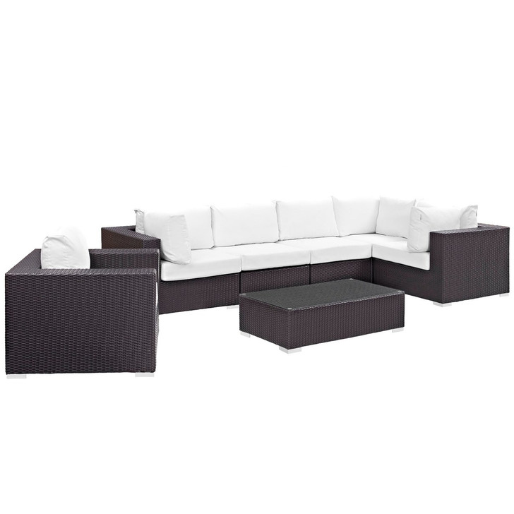 Convene Seven PCS Outdoor Patio Sectional Set, White, Rattan 10371