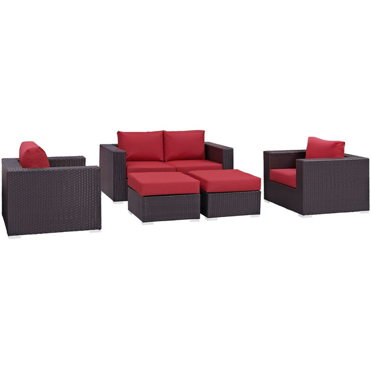 Convene Five PCS Outdoor Patio Sofa Set, Red, Rattan 10376