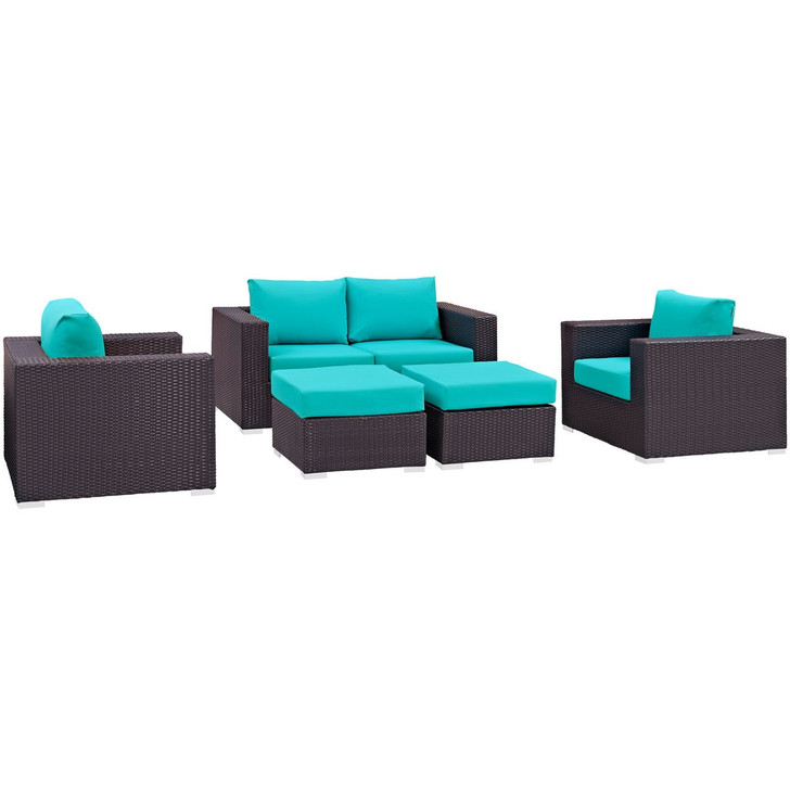 Convene Five PCS Outdoor Patio Sofa Set, Blue, Rattan 10377