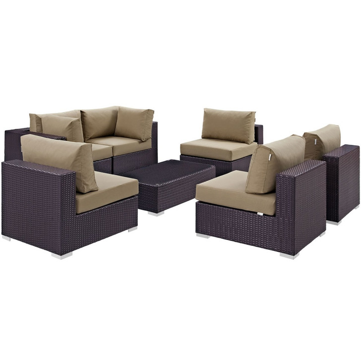 Convene Seven PCS Outdoor Patio Sectional Set, Brown, Rattan 10415