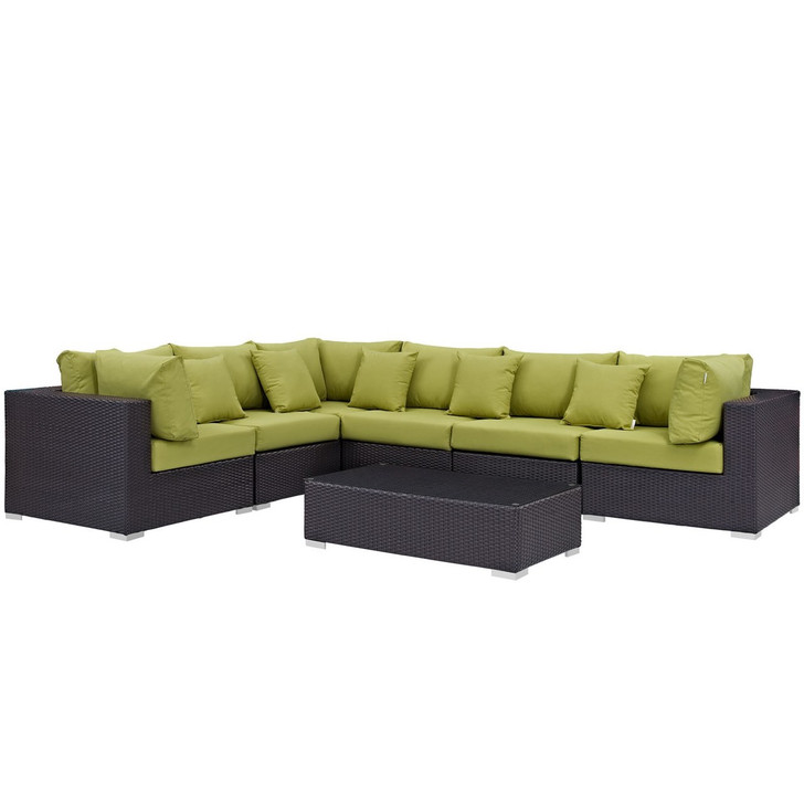 Convene Seven PCS Outdoor Patio Sectional Set, Green, Rattan 10445