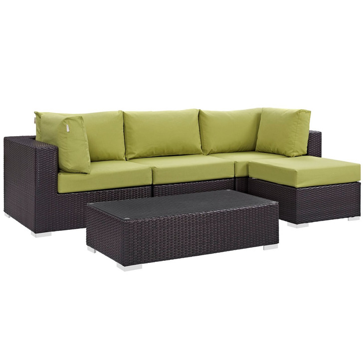 Convene Five PCS Outdoor Patio Sectional Set, Green, Rattan 10465