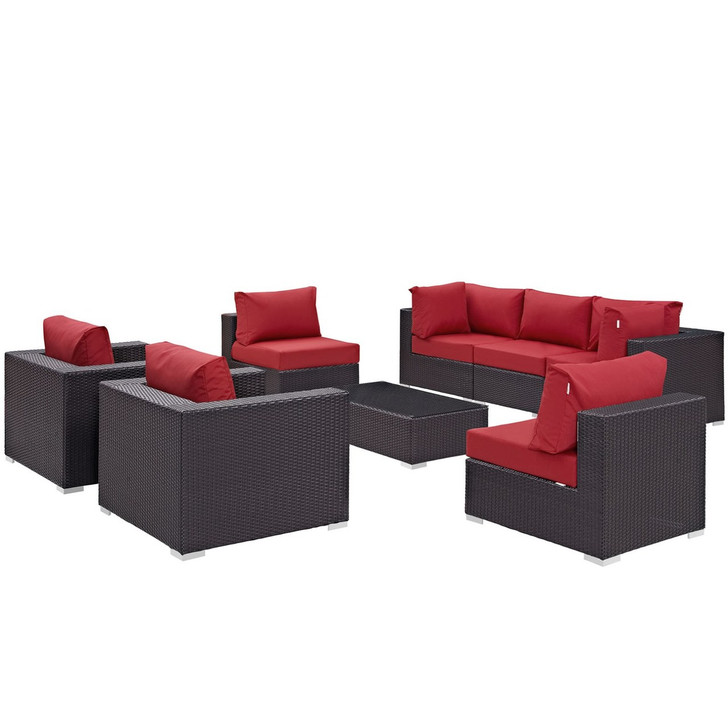 Convene Eight PCS Outdoor Patio Sectional Set, Red, Rattan 10629