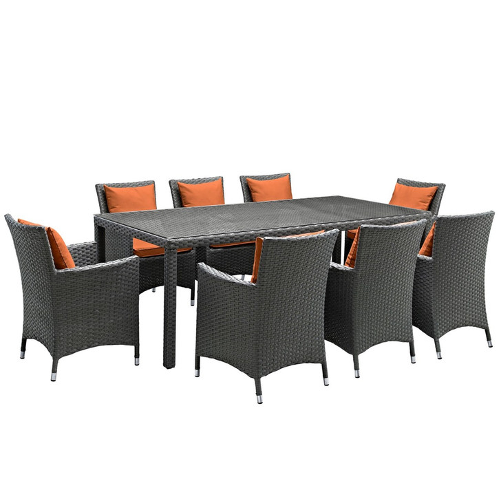 Sojourn Nine PCS Outdoor Patio Sunbrella Dining Set, Orange, Rattan 10959