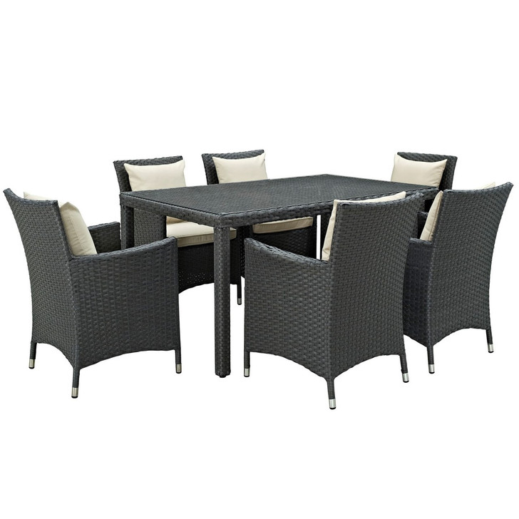 Sojourn Seven PCS Outdoor Patio Sunbrella Dining Set, Beige, Rattan 10966