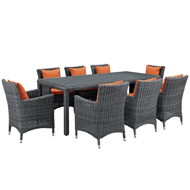 Summon Nine PCS Outdoor Patio Sunbrella Dining Set, Orange, Rattan 11029