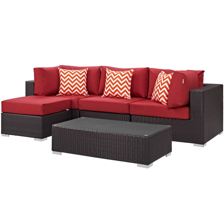 Convene Five PCS Outdoor Patio Sectional Set, Red, Rattan 11096