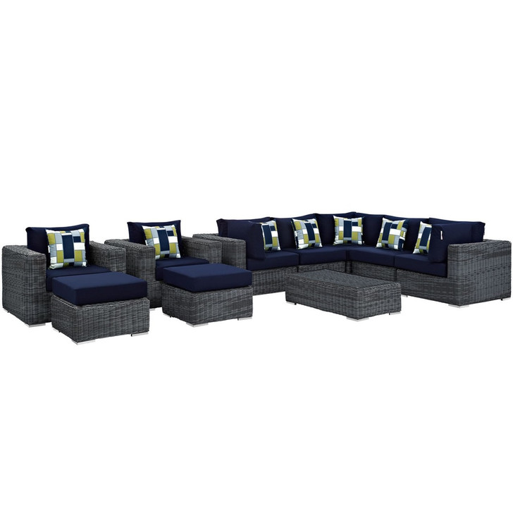 Summon Ten PCS Outdoor Patio Sunbrella Sectional Set, Navy, Rattan 11194