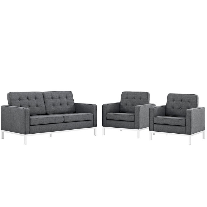 Loft Living Room Set Upholstered Fabric Set of 3, Grey, Fabric 11361