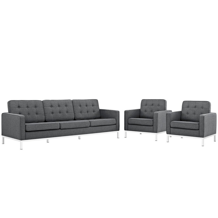 Loft Living Room Set Upholstered Fabric Set of 3, Grey, Fabric 11367