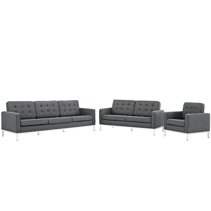 Loft Living Room Set Upholstered Fabric Set of 3, Grey, Fabric 11379