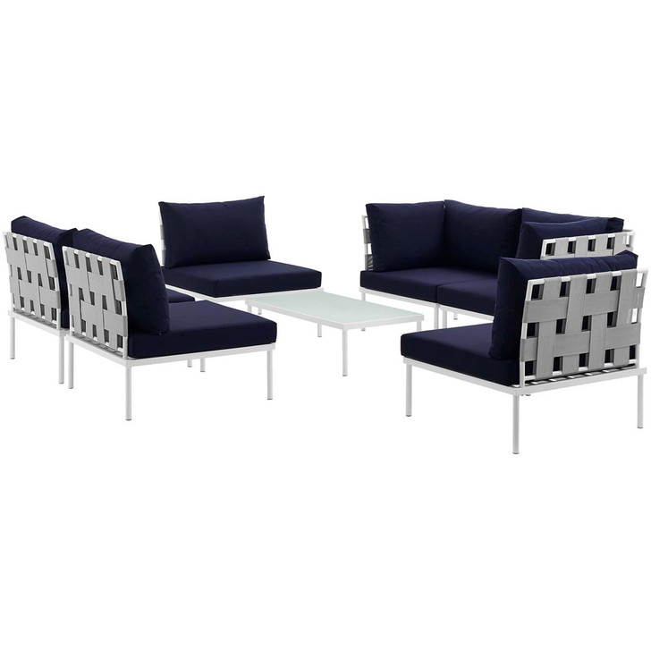 Harmony Seven PCS Outdoor Patio Aluminum Sectional Sofa Set, Navy, Rattan 11668