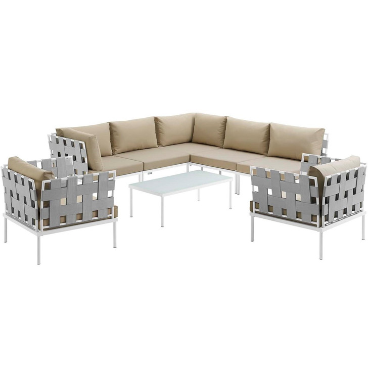 Harmony Eight PCS Outdoor Patio Aluminum Sectional Sofa Set, Beige, Rattan 11674