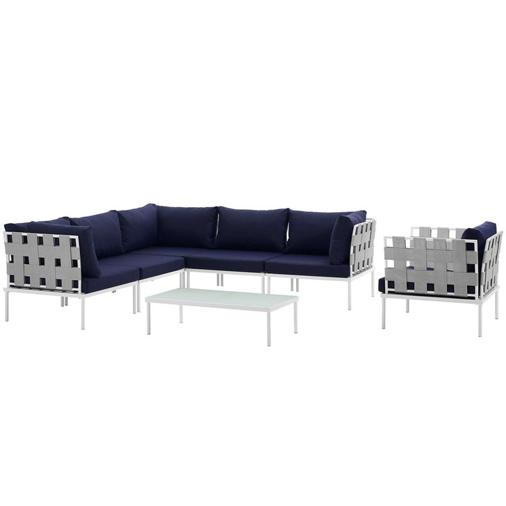 Harmony Seven PCS Outdoor Patio Aluminum Sectional Sofa Set, Navy, Rattan 11680