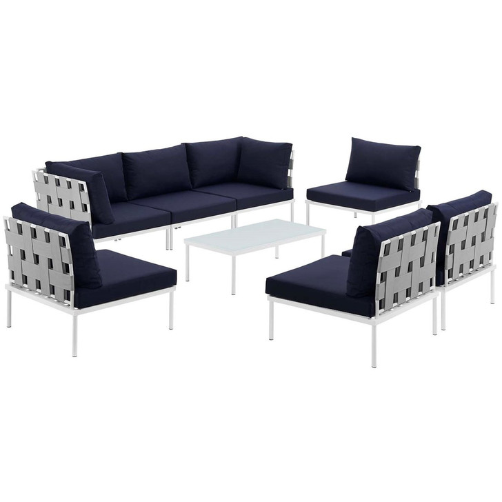 Harmony Eight PCS Outdoor Patio Aluminum Sectional Sofa Set, Navy, Rattan 11700