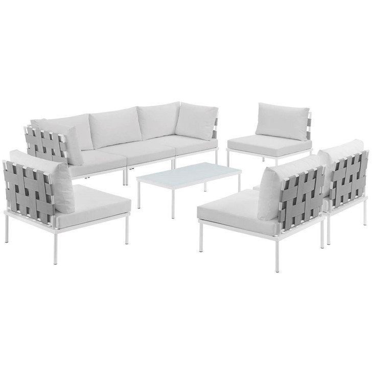 Harmony Eight PCS Outdoor Patio Aluminum Sectional Sofa Set, White, Rattan 11701