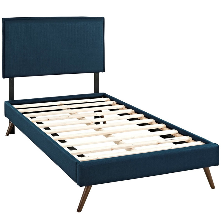 Camille Twin Fabric Platform Bed with Round Splayed Legs, Navy, Fabric 12610