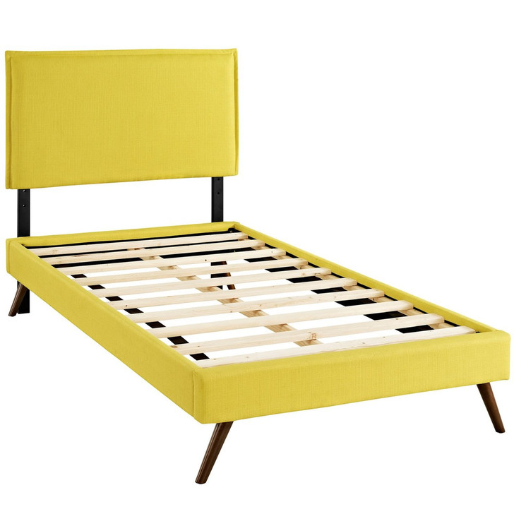 Camille Twin Fabric Platform Bed with Round Splayed Legs, Yellow, Fabric 12614