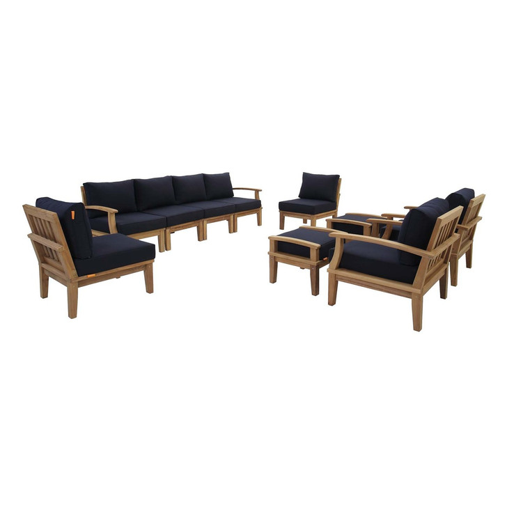 Marina 10 Piece Outdoor Patio Teak Set, Wood, Navy Blue Natural 13277