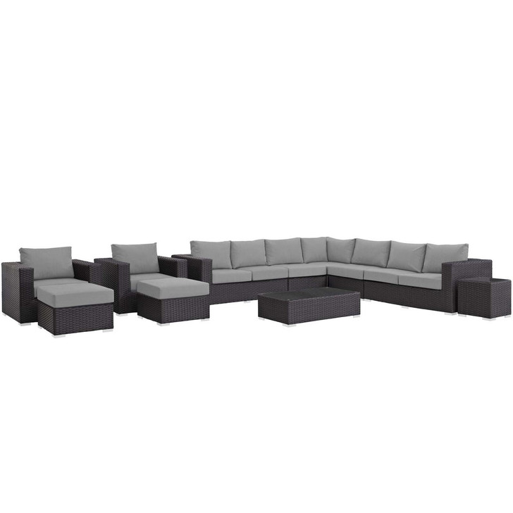 Sojourn 11 Piece Outdoor Patio Sunbrella® Sectional Set, Sunbrella Rattan Wicker, Grey Gray 13388