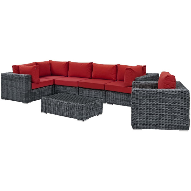 Summon 7 Piece Outdoor Patio Sunbrella® Sectional Set, Sunbrella Rattan Wicker, Grey Red 13399