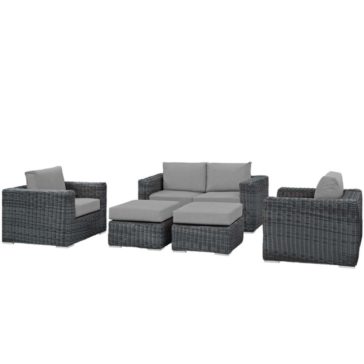 Summon 5 Piece Outdoor Patio Sunbrella® Sectional Set, Sunbrella Rattan Wicker, Grey Gray 13400