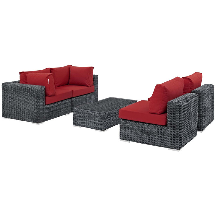 Summon 5 Piece Outdoor Patio Sunbrella® Sectional Set, Sunbrella Rattan Wicker, Grey Red 13407