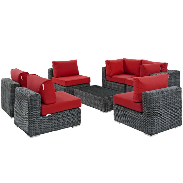 Summon 7 Piece Outdoor Patio Sunbrella® Sectional Set, Sunbrella Rattan Wicker, Grey Red 13409