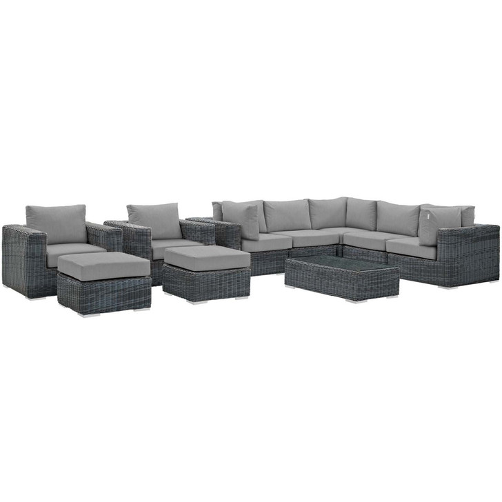 Summon 10 Piece Outdoor Patio Sunbrella® Sectional Set, Sunbrella Rattan Wicker, Grey Gray 13414