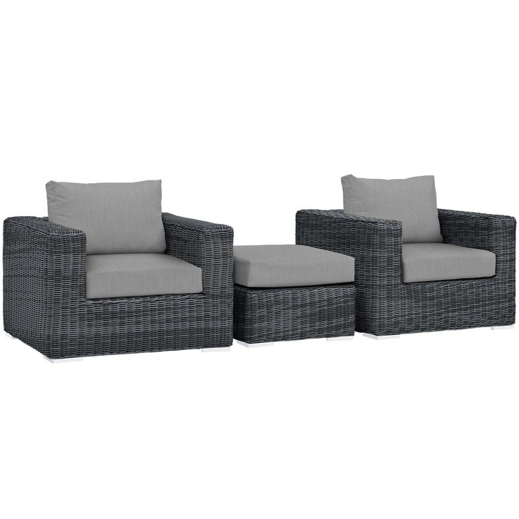 Summon 3 Piece Outdoor Patio Sunbrella® Sectional Set, Sunbrella Rattan Wicker, Grey Gray 13420