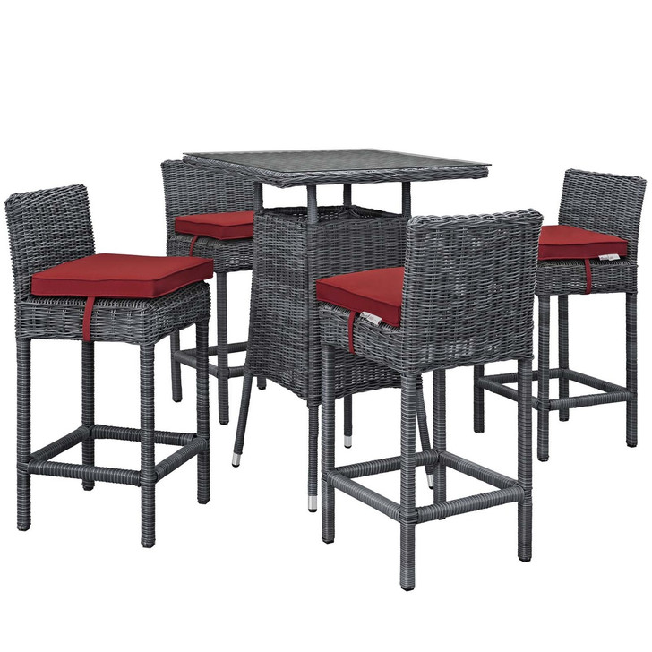 Summon 5 Piece Outdoor Patio Sunbrella® Pub Set, Sunbrella Rattan Wicker, Red 13441