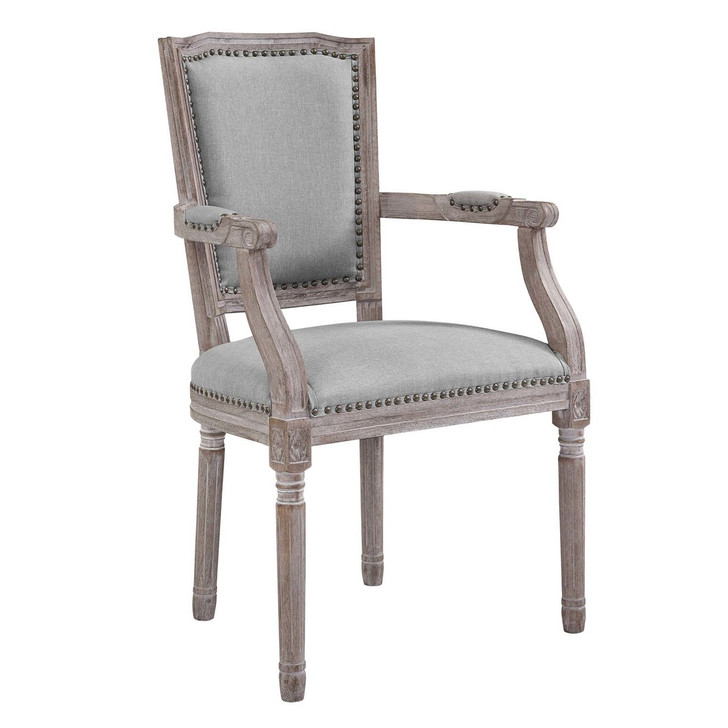 Penchant Vintage French Upholstered Fabric Dining Armchair, Fabric Wood, Light Grey Gray 13603